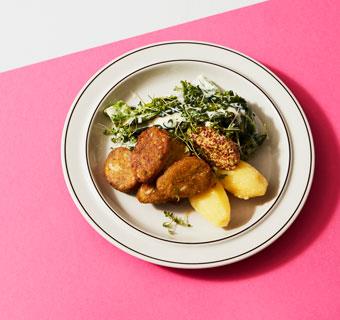 Mungbönnuggets med gräddbrynt kål, grov senap och potatis