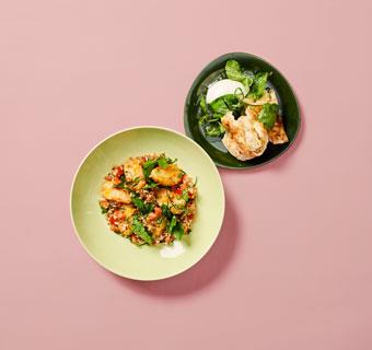 Green Nuggets med tabbouleh, surdegsbröd och crème fraiche
